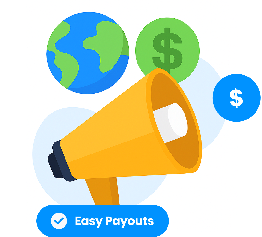 Rapid Translate graphic of a megaphone, globe, and dollar signs with text 'Easy Payouts,' describing an affiliate program.