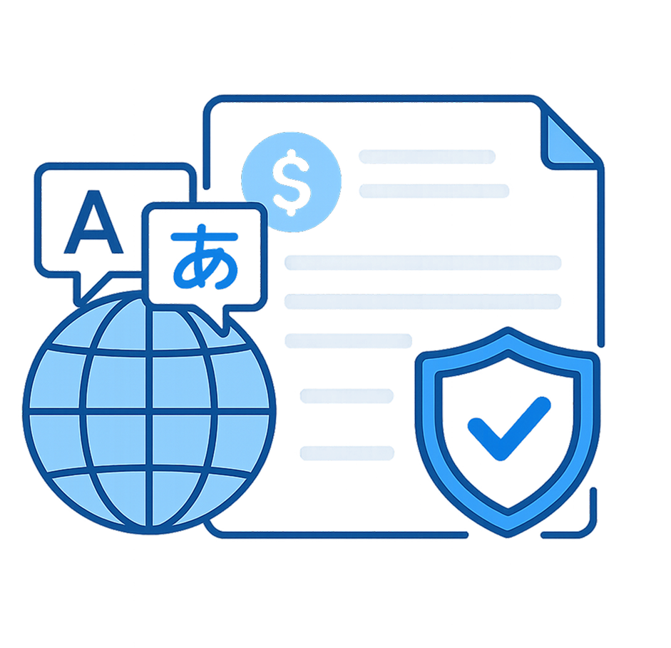 Rapid Translate graphic of a globe, a bank statement, and shield symbolizing trusted bank statement translation services.