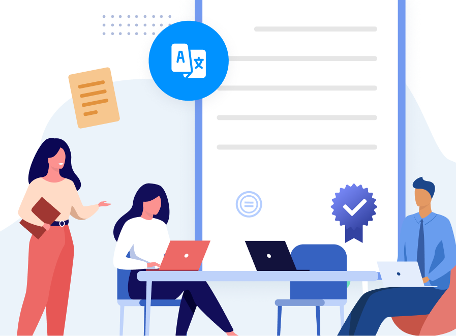 Rapid Translate blue icon with a white outline of a person between cogs and a check mark symbolizing a manager.