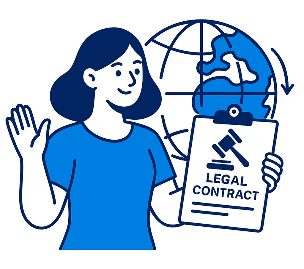 Rapid Translate graphic of a woman holding a legal contract in front of a globe, symbolizing legal translation services.