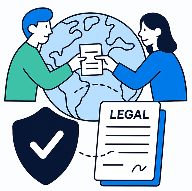 Rapid Translate graphic of 2 people exchanging documents across a globe with legal form and shield, symbolizing secure legal translation.
