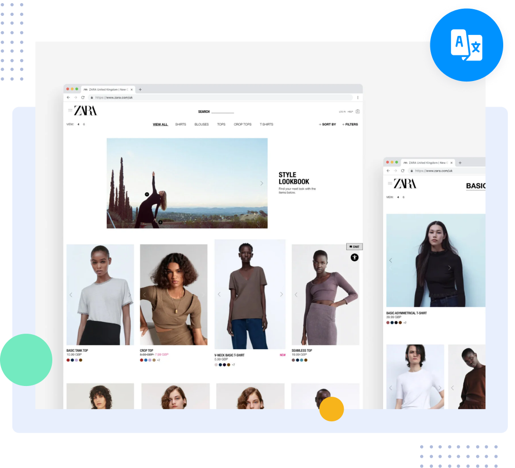 Fashion e-commerce layouts showcasing content adapted through professional fashion translation and localization services.