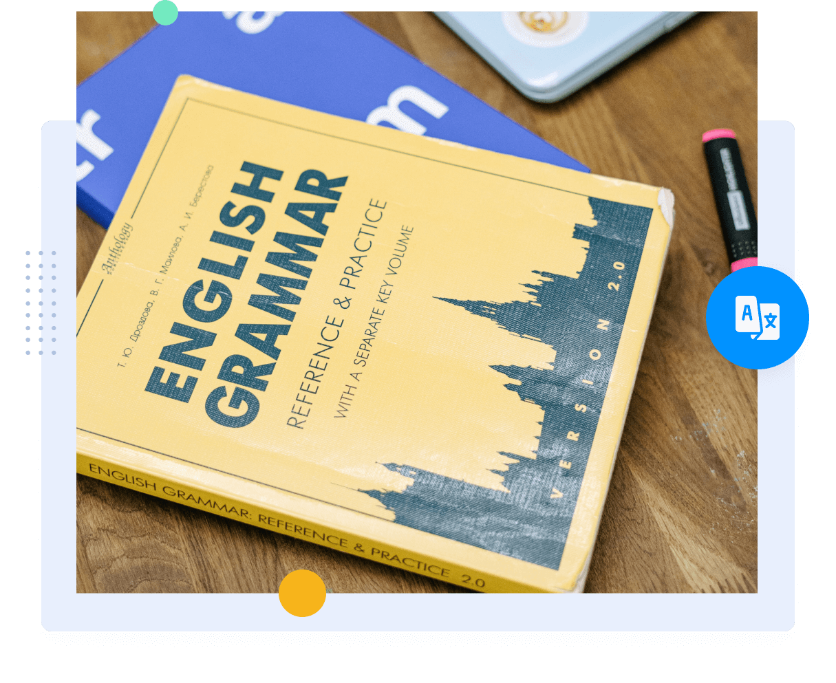 An English grammar book sitting on a desk representing professional Portuguese translation services.