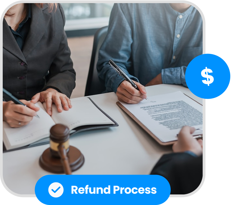 Rapid Translate graphic of people working on official documents, overlain with a dollar symbol and text 'Refund Process'.