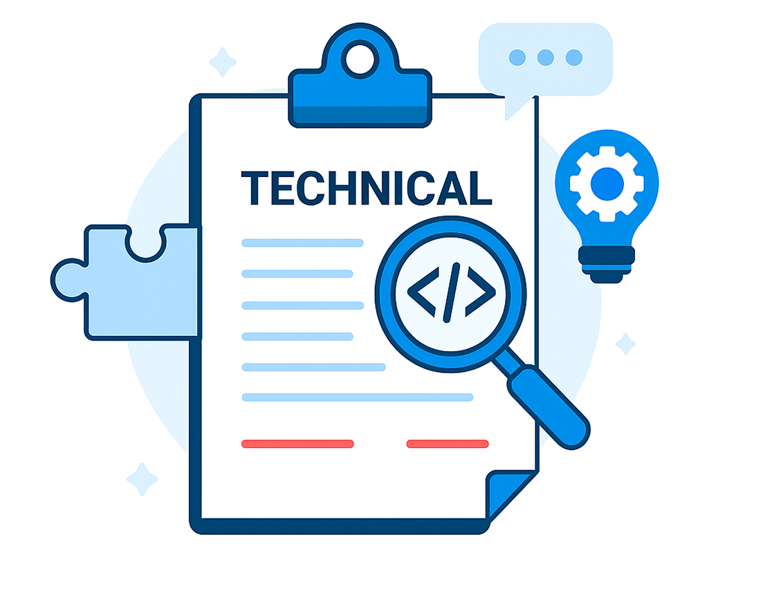 Rapid Translate graphic of a technical translation document with code symbol, magnifying glass, gear icon, and puzzle piece.